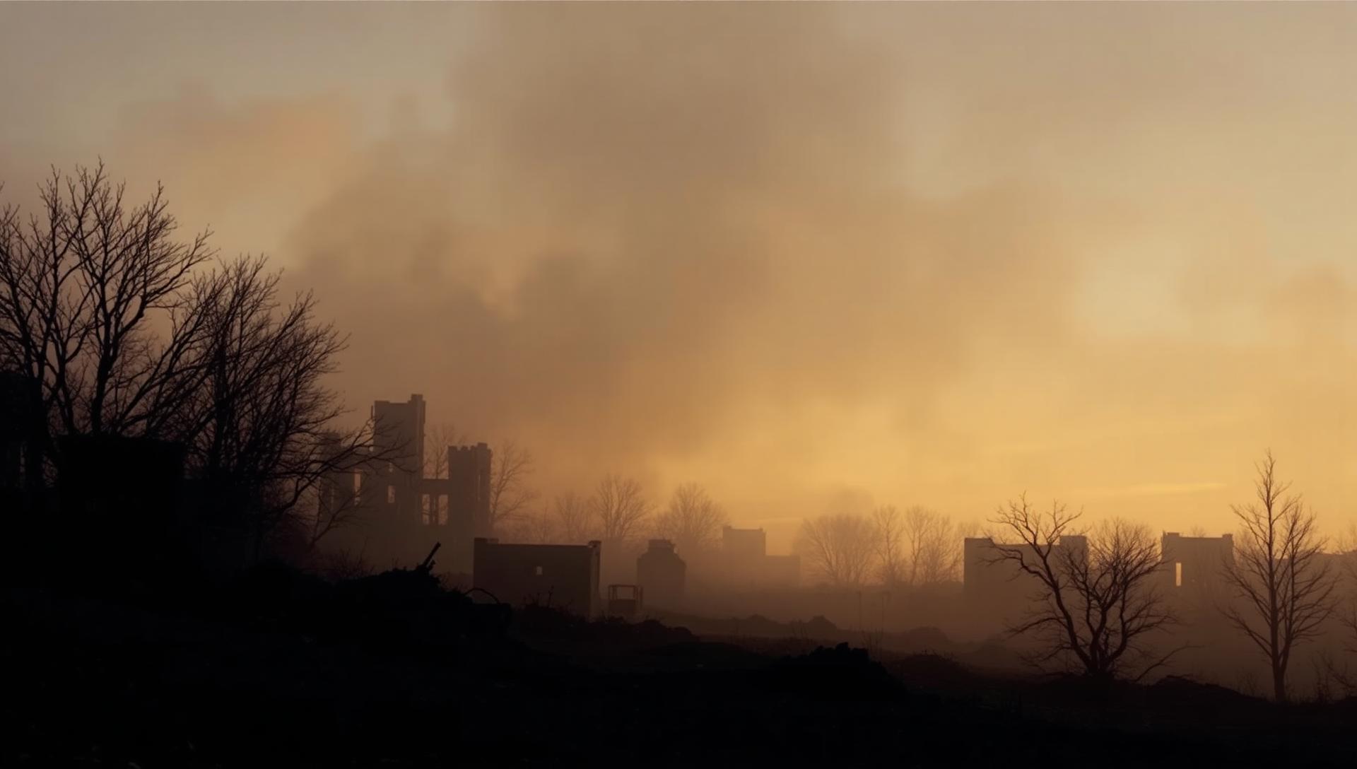 Smoke rising over a ruined battlefield at dusk